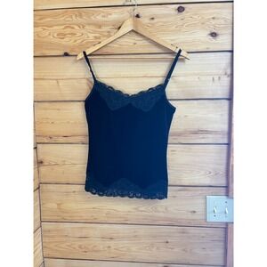 Vintage Black Velvet Lace Trim Cami Y2K Fairy Grunge Goth Camisole Dark Romantic
